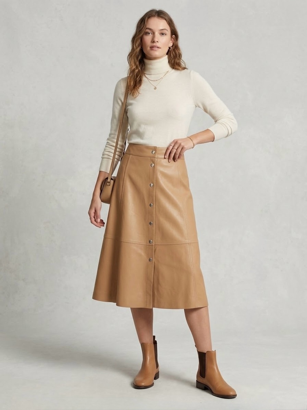 Button-Front Faux Leather Midi Skirt in Camel